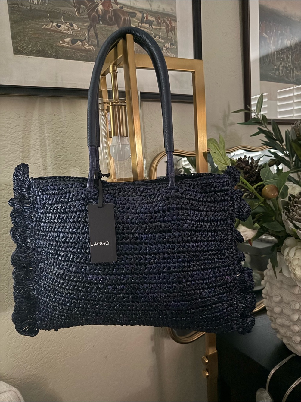 Laggo Dark Navy Raffia Ruffled Tote Bag NWT